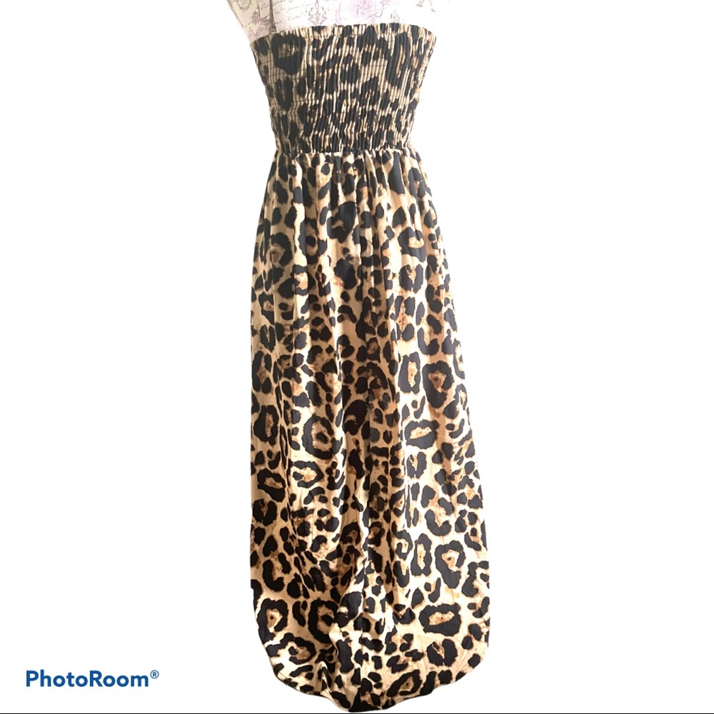 Leopard Print Strapless Smocked Hi-Lo Dress W/ Front Zipper Closure Womens Small - Picture 9 of 14